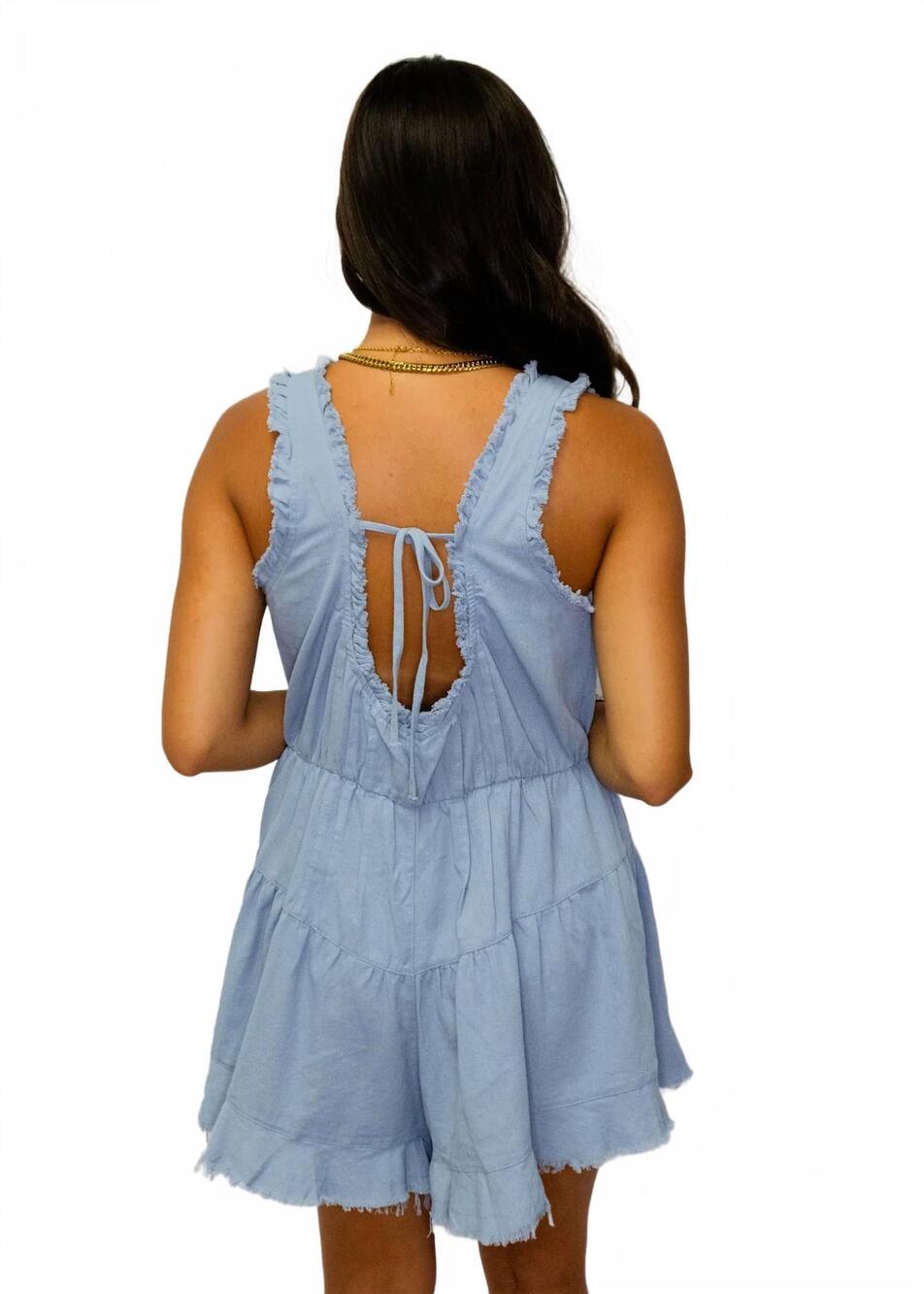 NEW SEW IN LOVE tie back flowy romper in denim - Picture 2 of 5